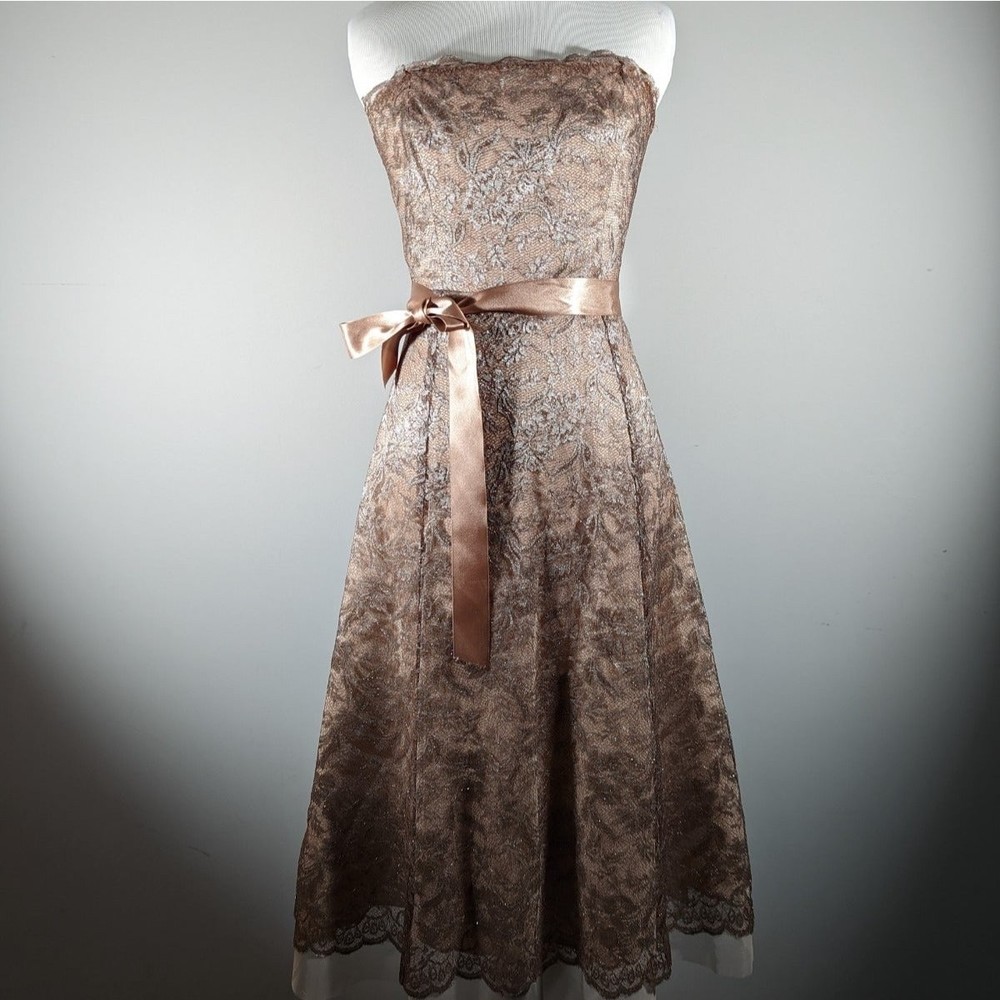 BCBGMAXAZRIA Bronze Metallic Cocktail Lace Strapless Dress Women's Size 2